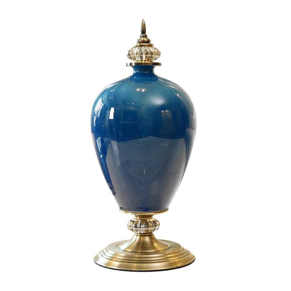 1-SOGA 42.50cm Ceramic Oval Flower Vase with Gold Metal Base Dark Blue