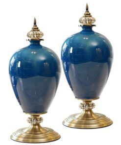 1-SOGA 2X 42cm Ceramic Oval Flower Vase with Gold Metal Base Dark Blue