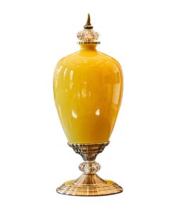 1-SOGA 42.50cm Ceramic Oval Flower Vase with Gold Metal Base Yellow