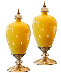 1-SOGA 2X 42cm Ceramic Oval Flower Vase with Gold Metal Base Yellow
