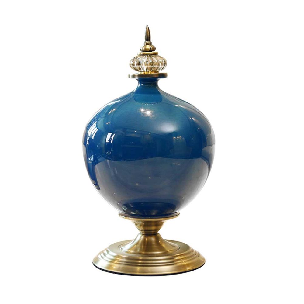 1-SOGA 38.50cm Ceramic Oval Flower Vase with Gold Metal Base Dark Blue
