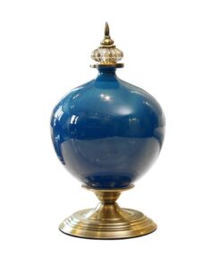 1-SOGA 38.50cm Ceramic Oval Flower Vase with Gold Metal Base Dark Blue