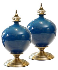1-SOGA 2X 38cm Ceramic Oval Flower Vase with Gold Metal Base Dark Blue