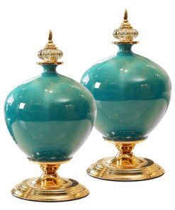 1-SOGA 2X 38cm Ceramic Oval Flower Vase with Gold Metal Base Green