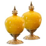 1-SOGA 2X 38cm Ceramic Oval Flower Vase with Gold Metal Base Yellow