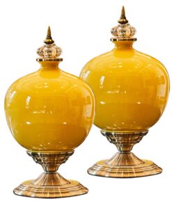 1-SOGA 2X 38cm Ceramic Oval Flower Vase with Gold Metal Base Yellow