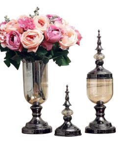 1-SOGA 2X Clear Glass Flower Vase with Lid and Pink Flower Filler Vase Black Set