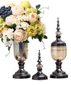 1-SOGA 2X Clear Glass Flower Vase with Lid and White Flower Filler Vase Black Set