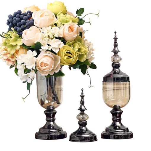 1-SOGA 2X Clear Glass Flower Vase with Lid and White Flower Filler Vase Black Set