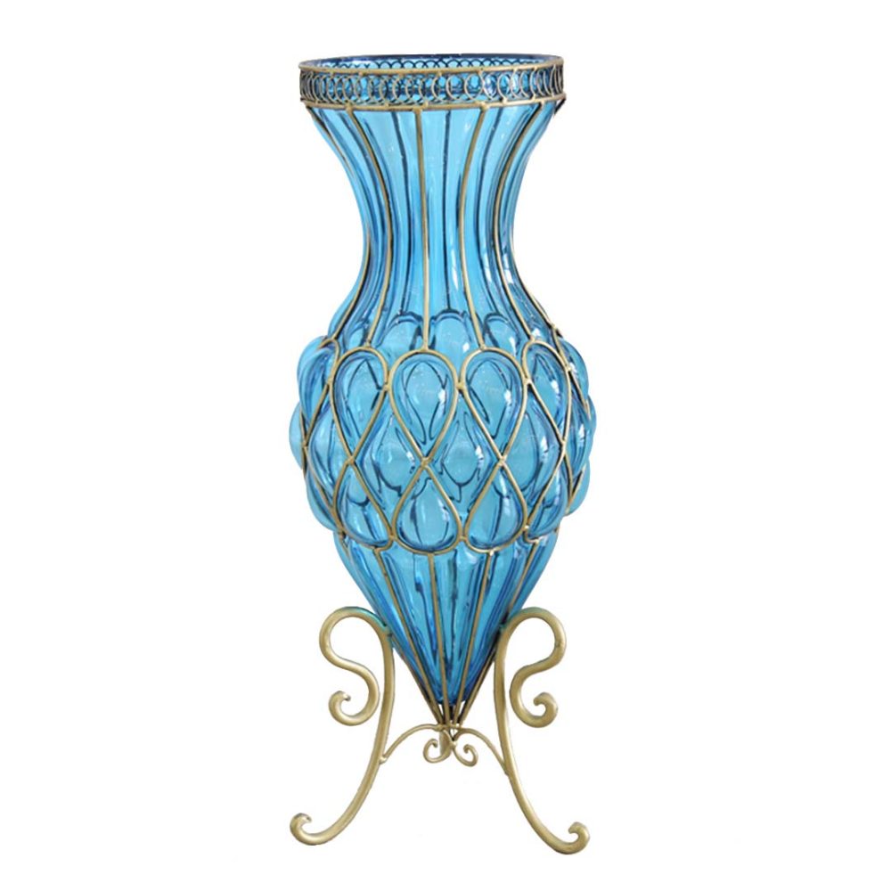 1-SOGA 67cm Blue Glass Tall Floor Vase with Metal Flower Stand