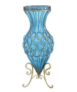 1-SOGA 67cm Blue Glass Tall Floor Vase with Metal Flower Stand