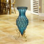 8-SOGA 67cm Blue Glass Tall Floor Vase with Metal Flower Stand