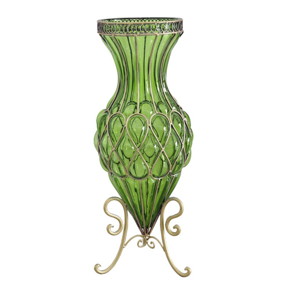 1-SOGA 67cm Green Glass Tall Floor Vase with Metal Flower Stand
