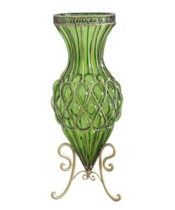 1-SOGA 67cm Green Glass Tall Floor Vase with Metal Flower Stand