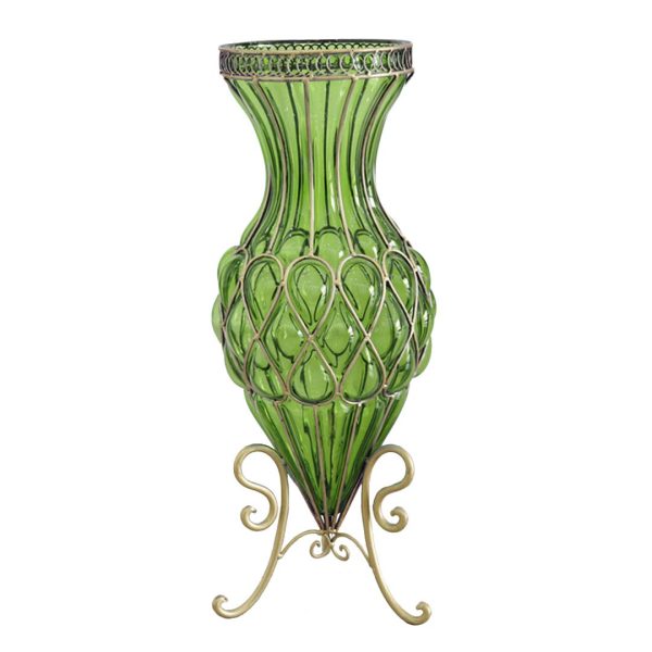 1-SOGA 67cm Green Glass Tall Floor Vase with Metal Flower Stand