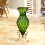 8-SOGA 67cm Green Glass Tall Floor Vase with Metal Flower Stand