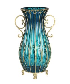 1-SOGA 51cm Blue Glass Oval Floor Vase with Metal Flower Stand