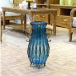 8-SOGA 51cm Blue Glass Oval Floor Vase with Metal Flower Stand