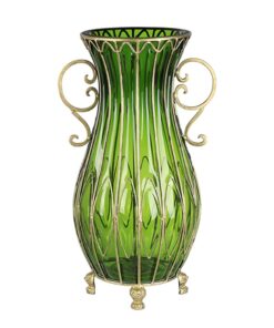 1-SOGA 51cm Green Glass Oval Floor Vase with Metal Flower Stand