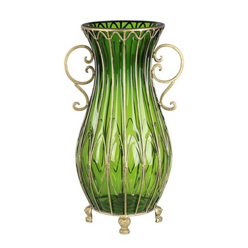 1-SOGA 51cm Green Glass Oval Floor Vase with Metal Flower Stand