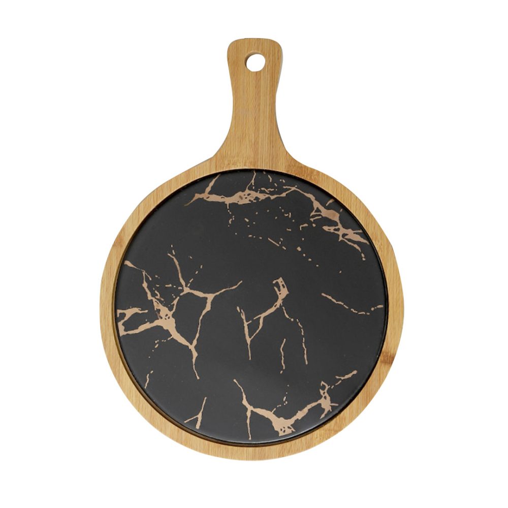 1-SOGA 30cm Black Circle Wooden Serving Tray Slate Steak Serving Platter Chopping Board Paddle Home Decor