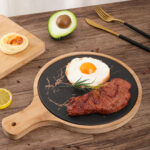 3-SOGA 30cm Black Circle Wooden Serving Tray Slate Steak Serving Platter Chopping Board Paddle Home Decor