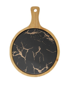 1-SOGA 30cm Black Circle Wooden Serving Tray Slate Steak Serving Platter Chopping Board Paddle Home Decor