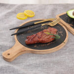 5-SOGA 30cm Black Circle Wooden Serving Tray Slate Steak Serving Platter Chopping Board Paddle Home Decor