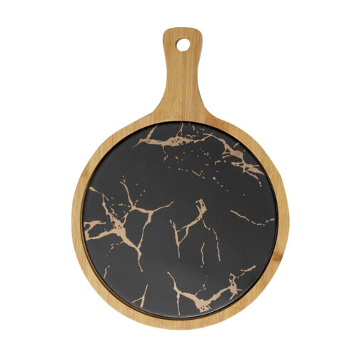 1-SOGA 30cm Black Circle Wooden Serving Tray Slate Steak Serving Platter Chopping Board Paddle Home Decor