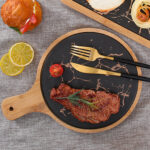 4-SOGA 2X 30cm Black Circle Wooden Serving Tray Slate Steak Serving Platter Chopping Board Paddle Home Decor