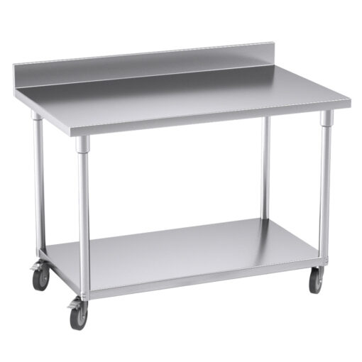 1-SOGA 120cm Commercial Catering Kitchen Stainless Steel Prep Work Bench Table with Backsplash and Caster Wheels