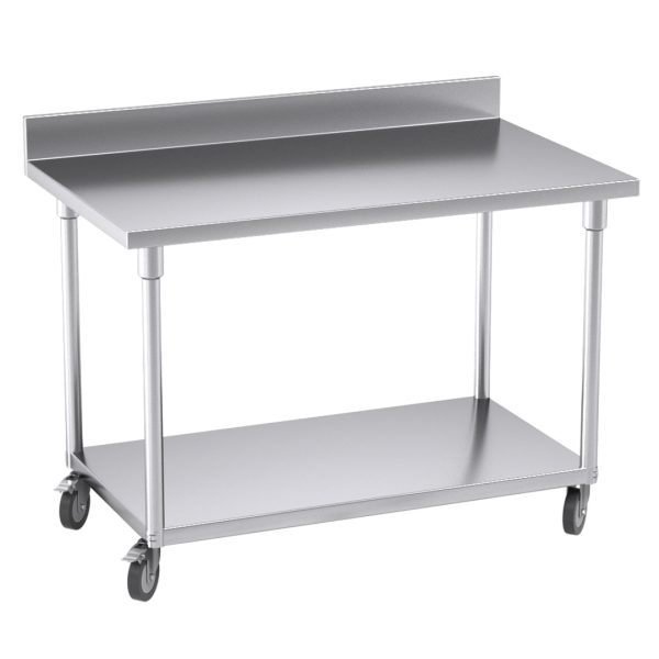 1-SOGA 120cm Commercial Catering Kitchen Stainless Steel Prep Work Bench Table with Backsplash and Caster Wheels