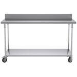 2-SOGA 150cm Commercial Catering Kitchen Stainless Steel Prep Work Bench Table with Backsplash and Caster Wheels