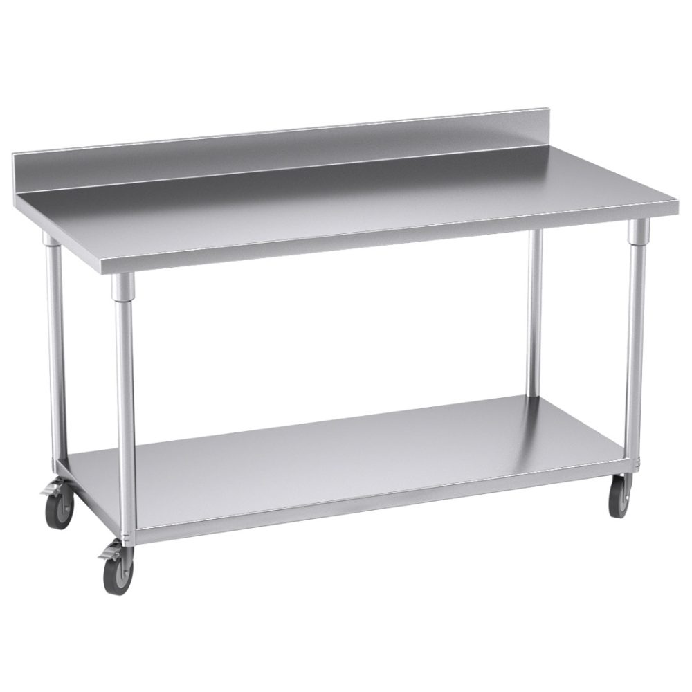 1-SOGA 150cm Commercial Catering Kitchen Stainless Steel Prep Work Bench Table with Backsplash and Caster Wheels