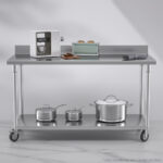 4-SOGA 150cm Commercial Catering Kitchen Stainless Steel Prep Work Bench Table with Backsplash and Caster Wheels