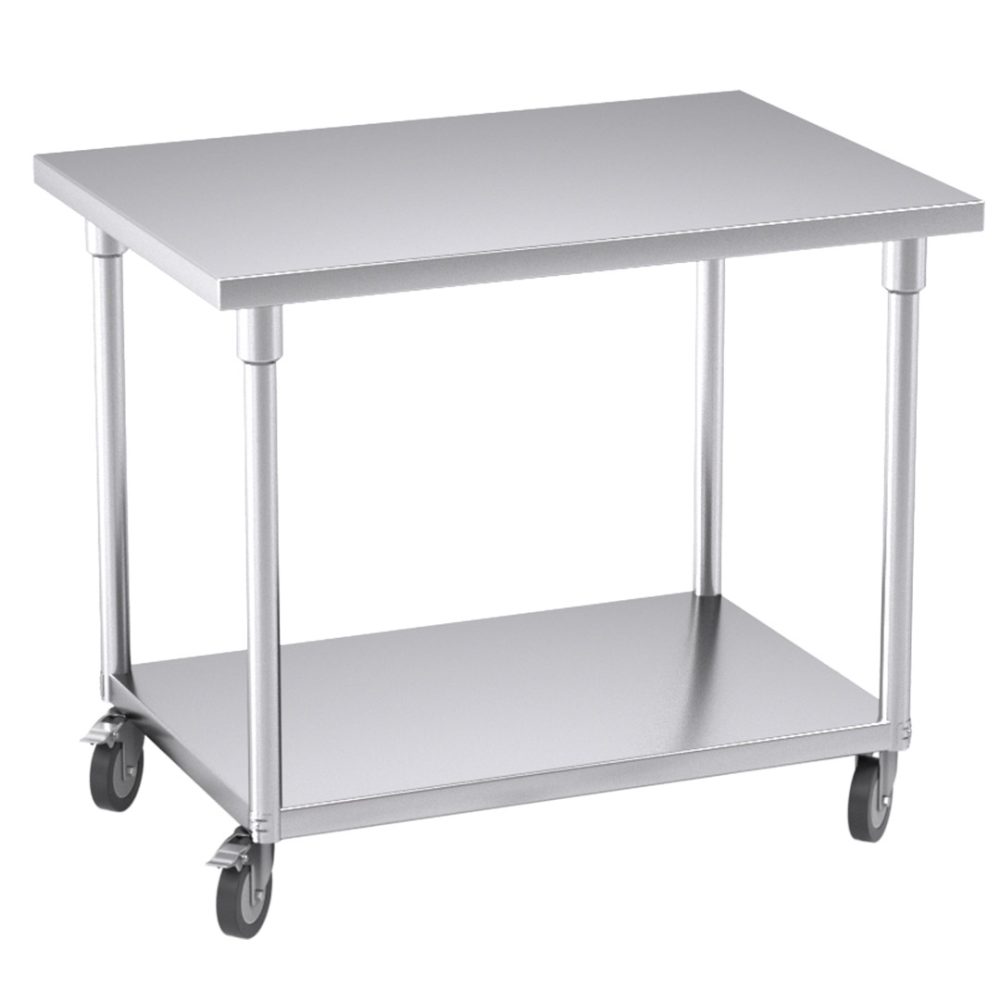 1-SOGA 100cm Commercial Catering Kitchen Stainless Steel Prep Work Bench Table with Wheels