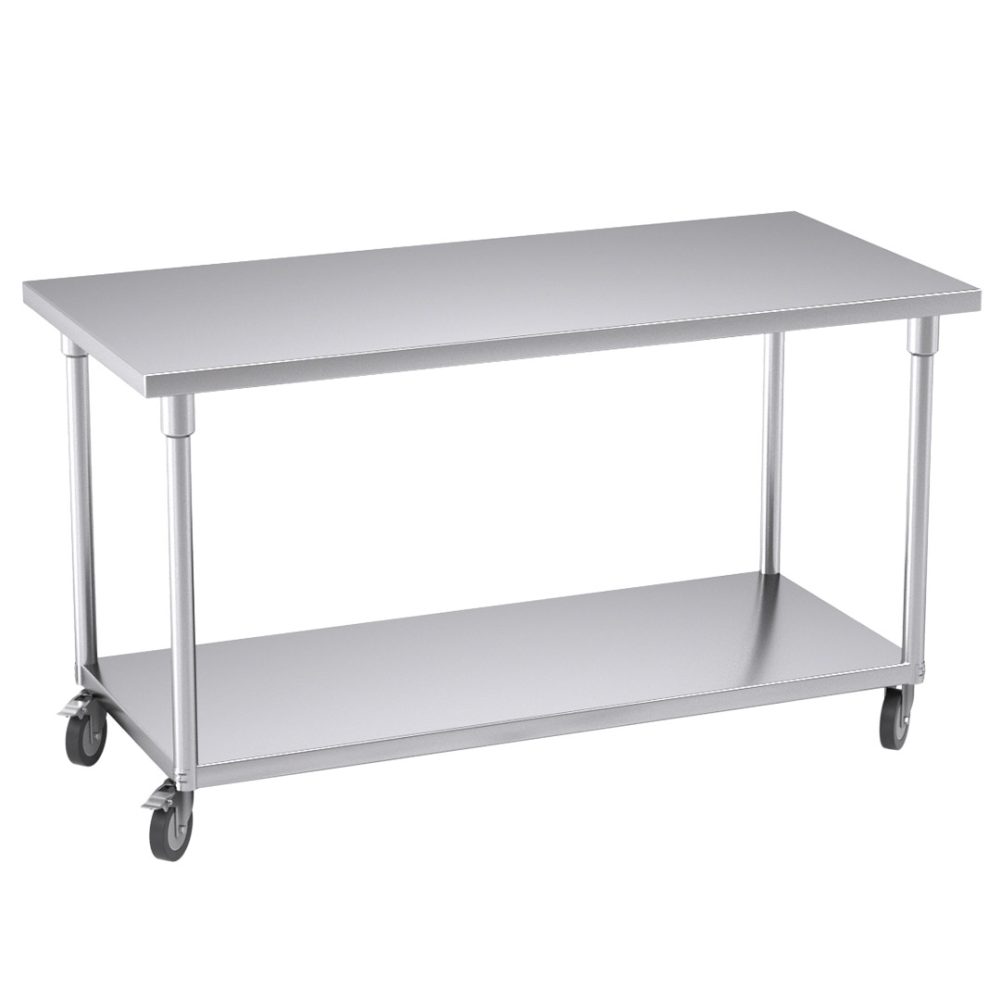 1-SOGA 150cm Commercial Catering Kitchen Stainless Steel Prep Work Bench Table with Wheels