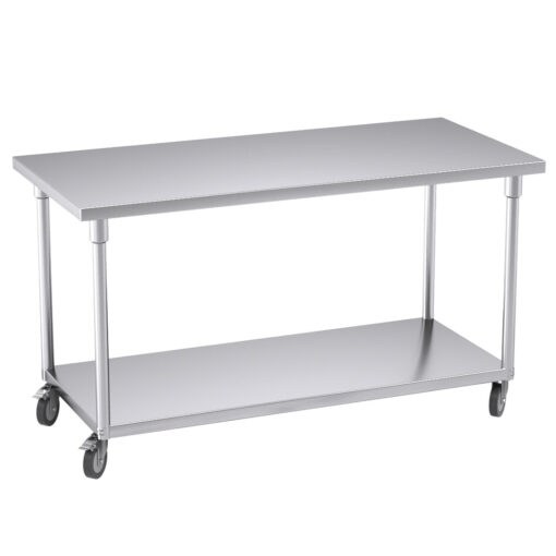 1-SOGA 150cm Commercial Catering Kitchen Stainless Steel Prep Work Bench Table with Wheels
