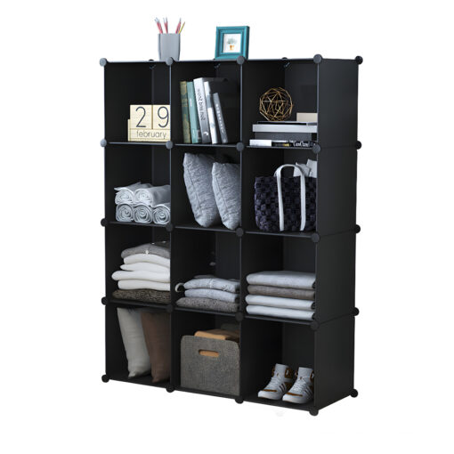 1-SOGA 4 Tier 12-Cube Black Portable Wardrobe Divide-Grid Modular Storage Organiser Foldable Closet