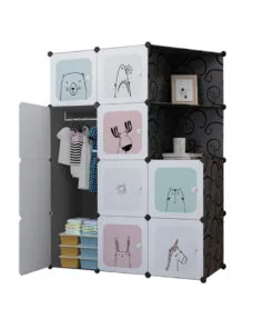 1-SOGA 10 Cubes Black Portable Wardrobe Divide-Grid Modular Storage Organiser Foldable Closet with Doors