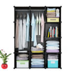 5-SOGA 10 Cubes Black Portable Wardrobe Divide-Grid Modular Storage Organiser Foldable Closet with Doors