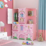 2-SOGA 10 Cubes Pink Castle Print Portable Wardrobe Divide-Grid Modular Storage Organiser Foldable Closet