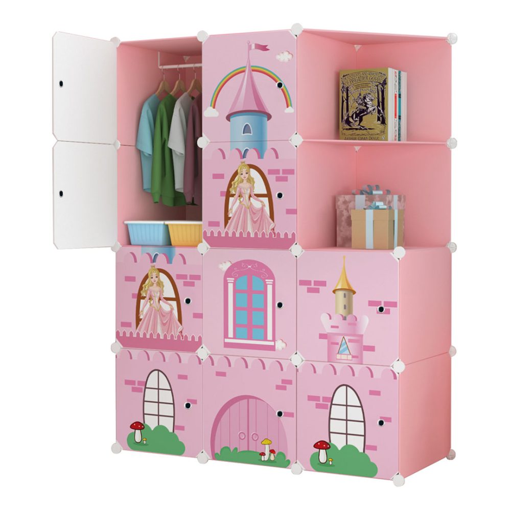 1-SOGA 10 Cubes Pink Castle Print Portable Wardrobe Divide-Grid Modular Storage Organiser Foldable Closet