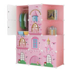 1-SOGA 10 Cubes Pink Castle Print Portable Wardrobe Divide-Grid Modular Storage Organiser Foldable Closet