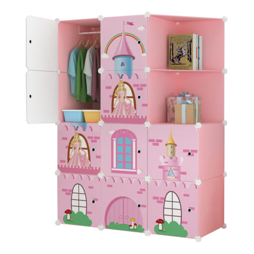 1-SOGA 10 Cubes Pink Castle Print Portable Wardrobe Divide-Grid Modular Storage Organiser Foldable Closet