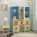 2-SOGA 10 Cubes Blue Castle Print Portable Wardrobe Divide-Grid Modular Storage Organiser Foldable Closet