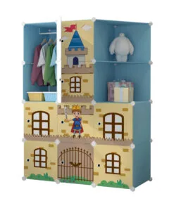 1-SOGA 10 Cubes Blue Castle Print Portable Wardrobe Divide-Grid Modular Storage Organiser Foldable Closet