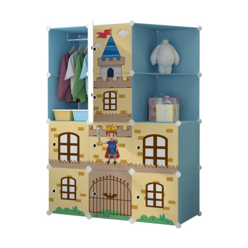 1-SOGA 10 Cubes Blue Castle Print Portable Wardrobe Divide-Grid Modular Storage Organiser Foldable Closet