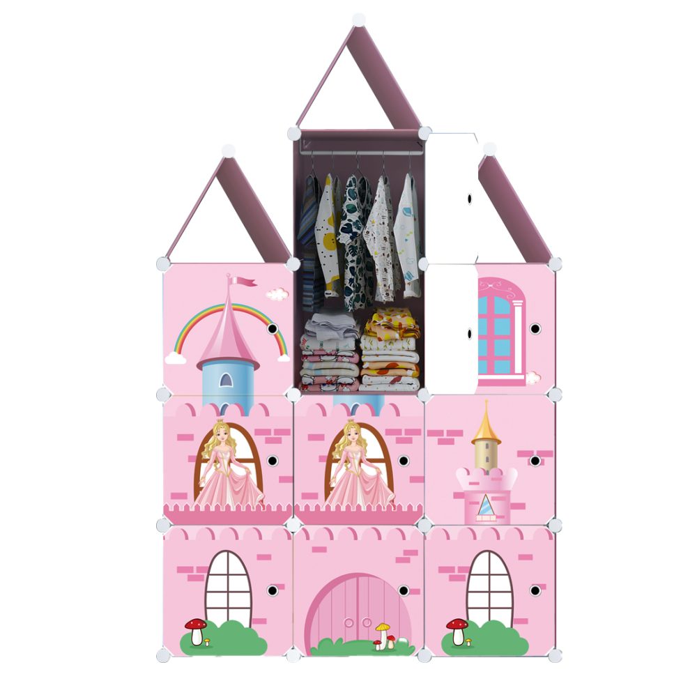 1-SOGA 10 Cubes DIY Castle Print Portable Wardrobe Divide-Grid Modular Storage Organiser Foldable Closet