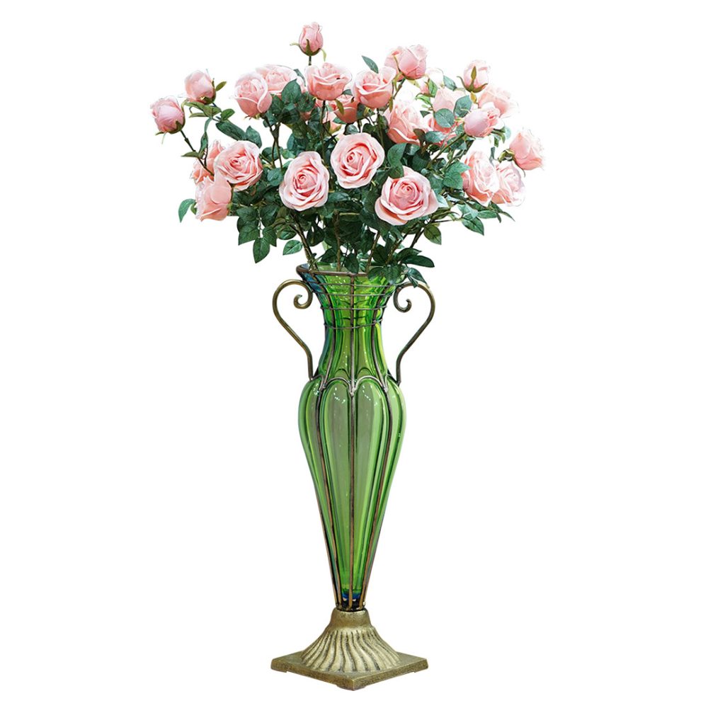 1-SOGA Green Colored Glass Flower Vase with 8 Bunch 5 Heads Artificial Fake Silk Rose Home Decor Set